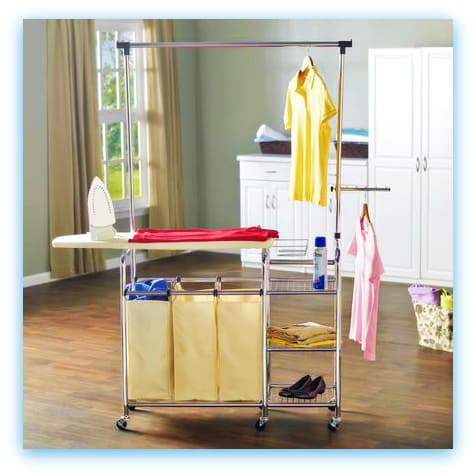   <img src="laundry cart .jpg" alt="Rolling laundry station cart with ironing board and hamper sorter"> 