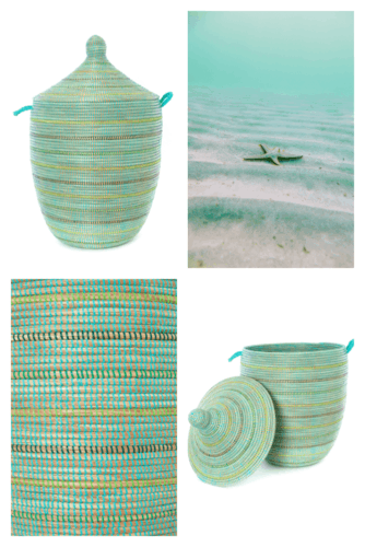 <img src="African Basket.jpg" alt="African Laundry Storage Hamper Basket in Blue and Green With Lid"/> 